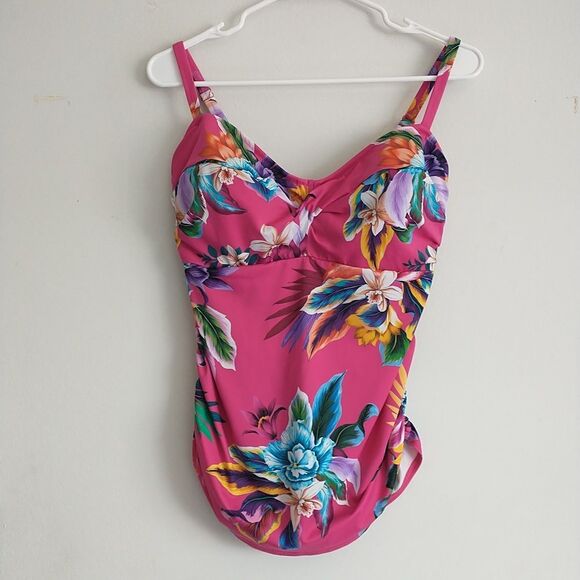 Fantasie Tankini 32H Pink Blue Floral Bra Underwired Ruched Tropical Hawaiian - Picture 2 of 12